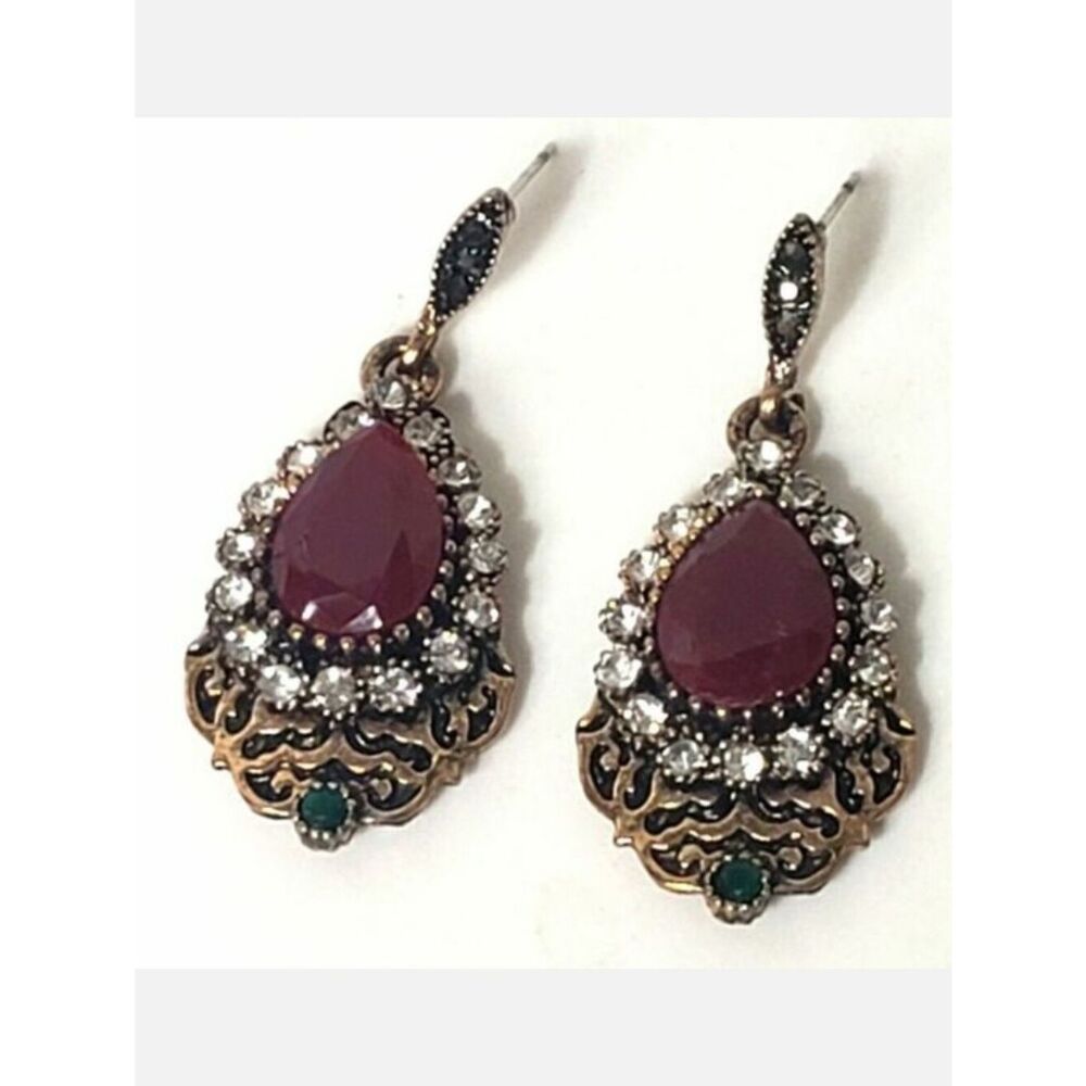 FORMAL STYLE Faux Gem & Rhinestone Pierced Earrings Copper Red White Green